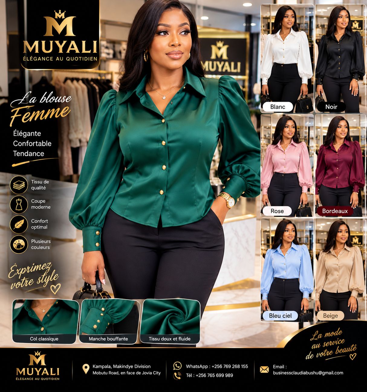 Blouse femme col classique manches bouffantes vert émeraude — déclinaisons de couleurs