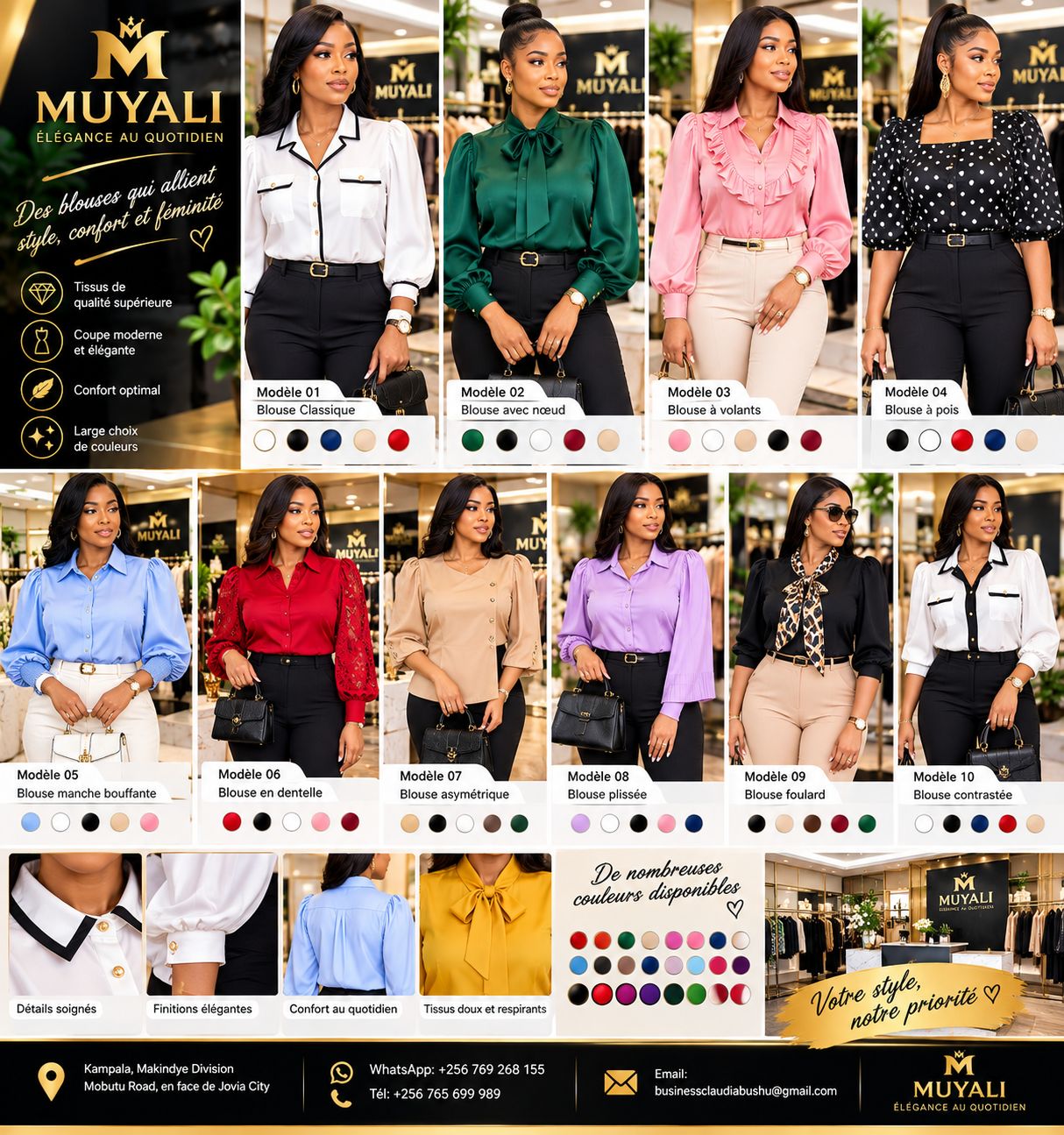 Catalogue blouses femme Muyali Style — 10 modèles, manches bouffantes, dentelle et volants