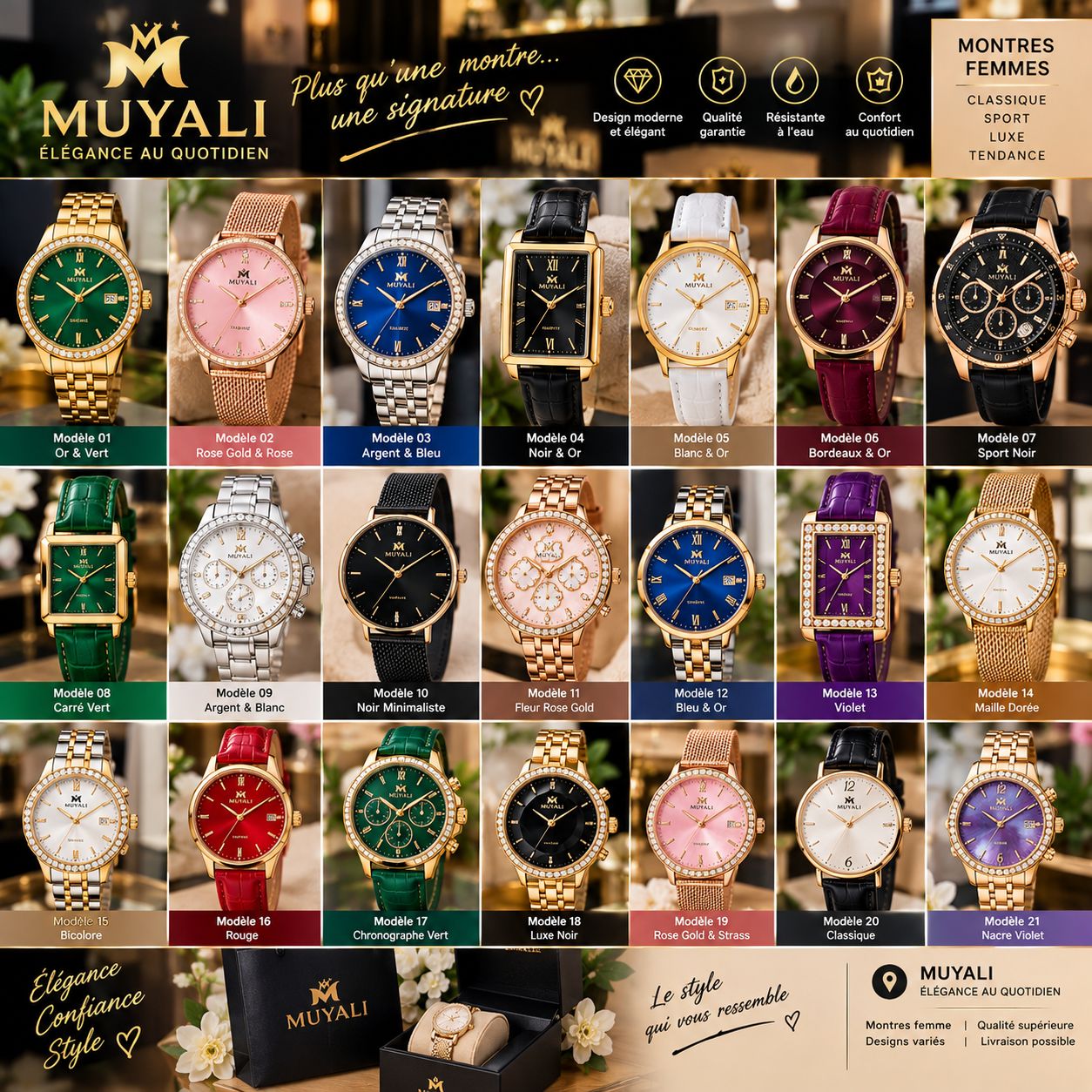 Catalogue montres femmes 21 modèles classiques, sport et luxe — bracelets acier, cuir et maille