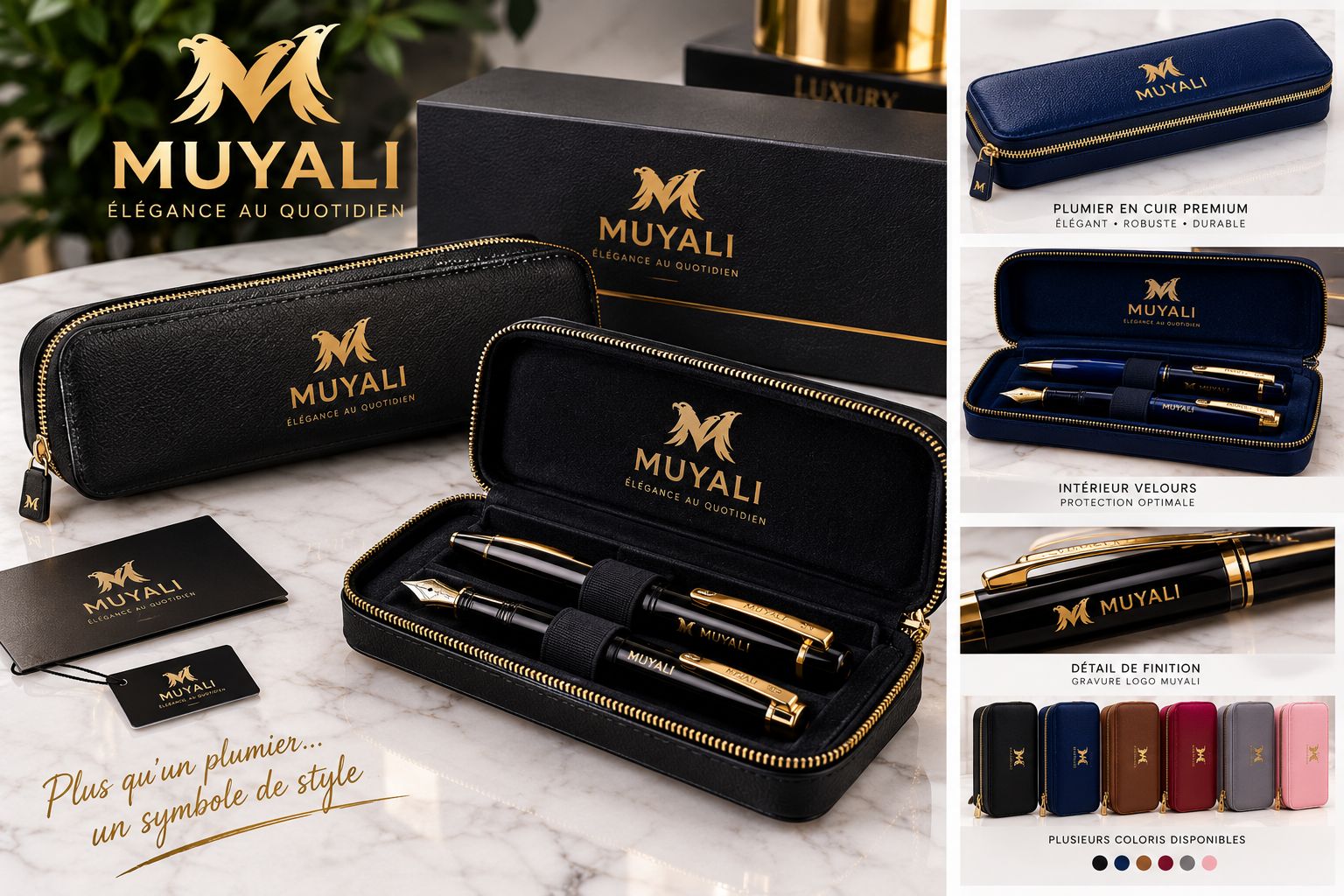 Coffret plumier cuir noir Muyali Style — stylos plume et bille de luxe, intérieur velours