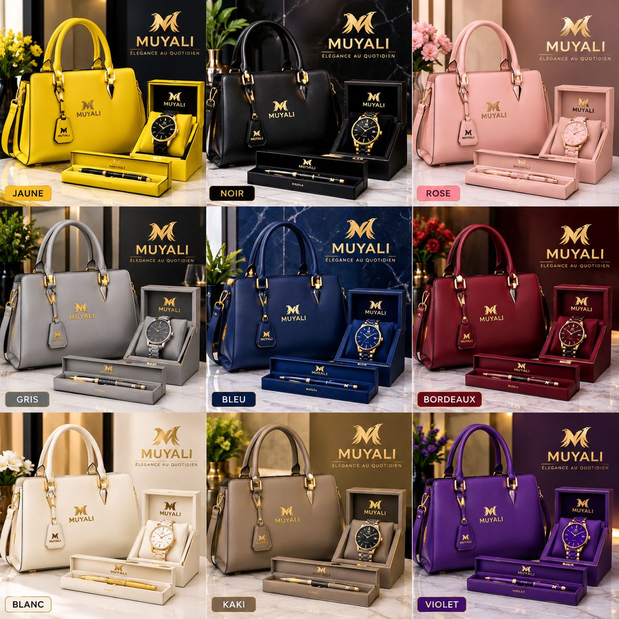 Coffrets cadeaux femme Muyali Style — sac, montre et stylo en 9 déclinaisons de couleurs