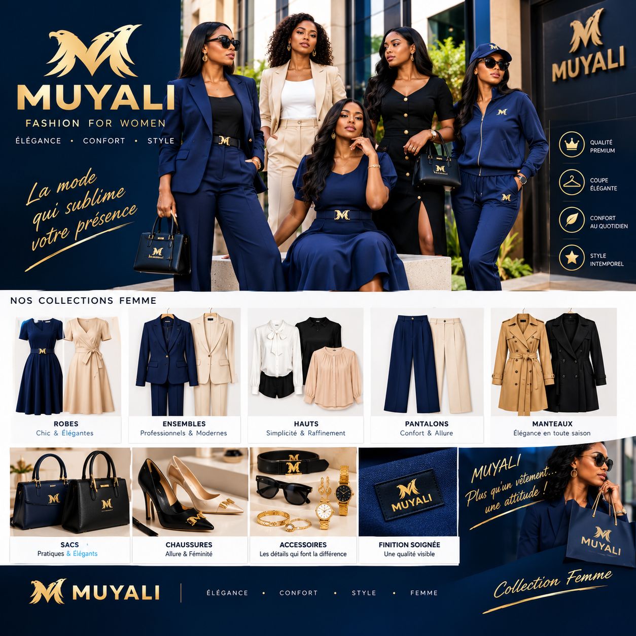 Collection femme Muyali Style — tailleurs, robes, manteaux, sacs, chaussures et accessoires