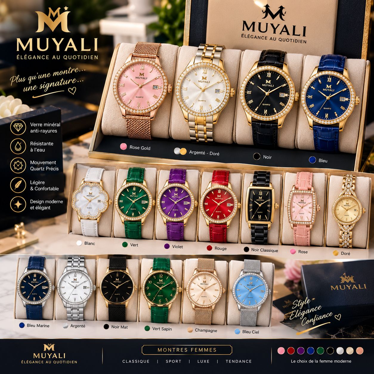 Collection montres femmes Muyali Style — bracelets cuir et acier, rose gold, vert, rouge, bleu, noir