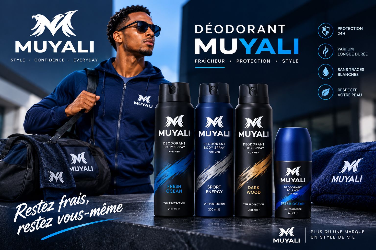 Déodorant homme Muyali Style — spray et roll-on Fresh Ocean, Sport Energy, Dark Wood