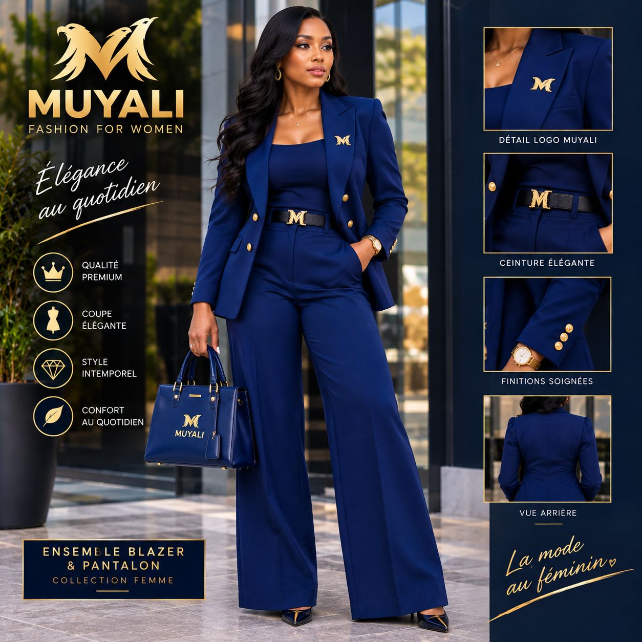 Ensemble blazer pantalon bleu marine femme — vue arrière, sac à main et ceinture