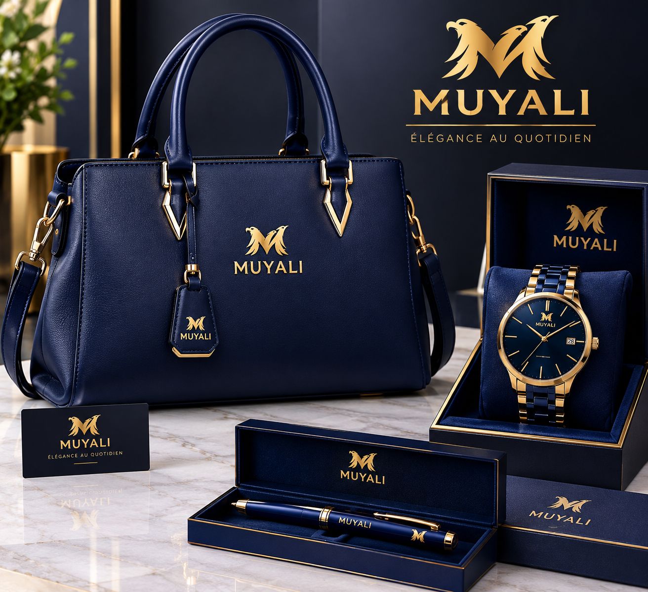 Ensemble sac à main cuir bleu marine, montre dorée et stylo de luxe Muyali Style