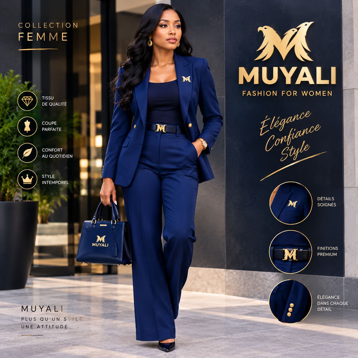 Détails tailleur bleu marine femme — boutons dorés et boucle de ceinture logo M