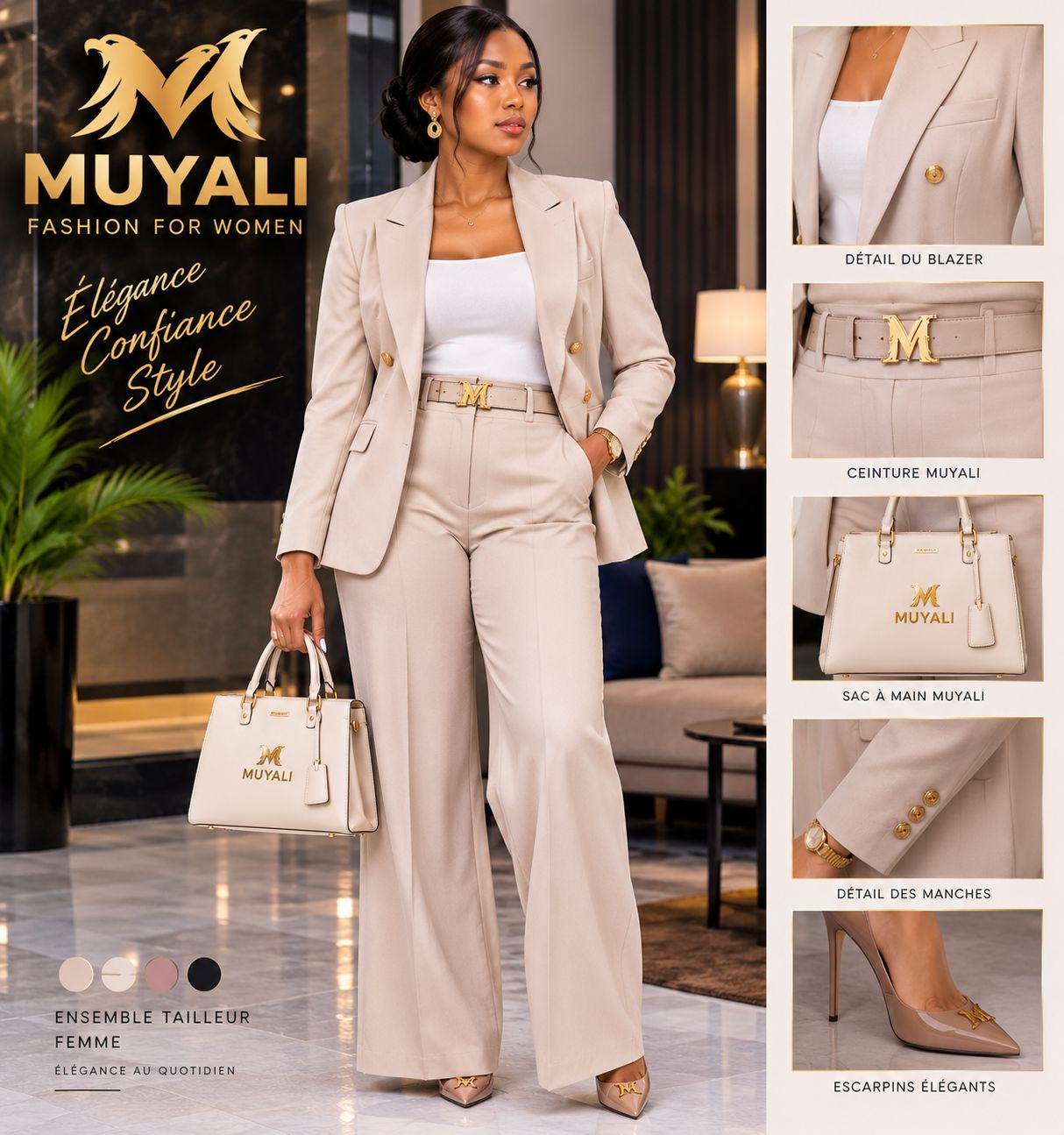 Ensemble tailleur femme beige rosé — pantalon large, veste, ceinture, sac et escarpins
