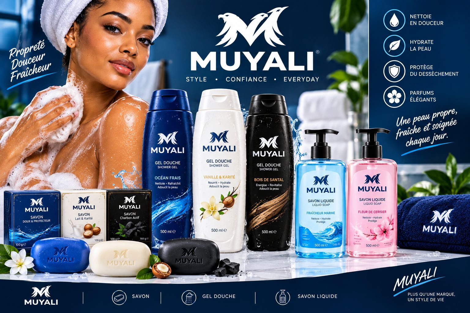 Gamme soins corps Muyali Style — gels douche, savons solides et liquides vanille, karité, bois de santal, océan frais