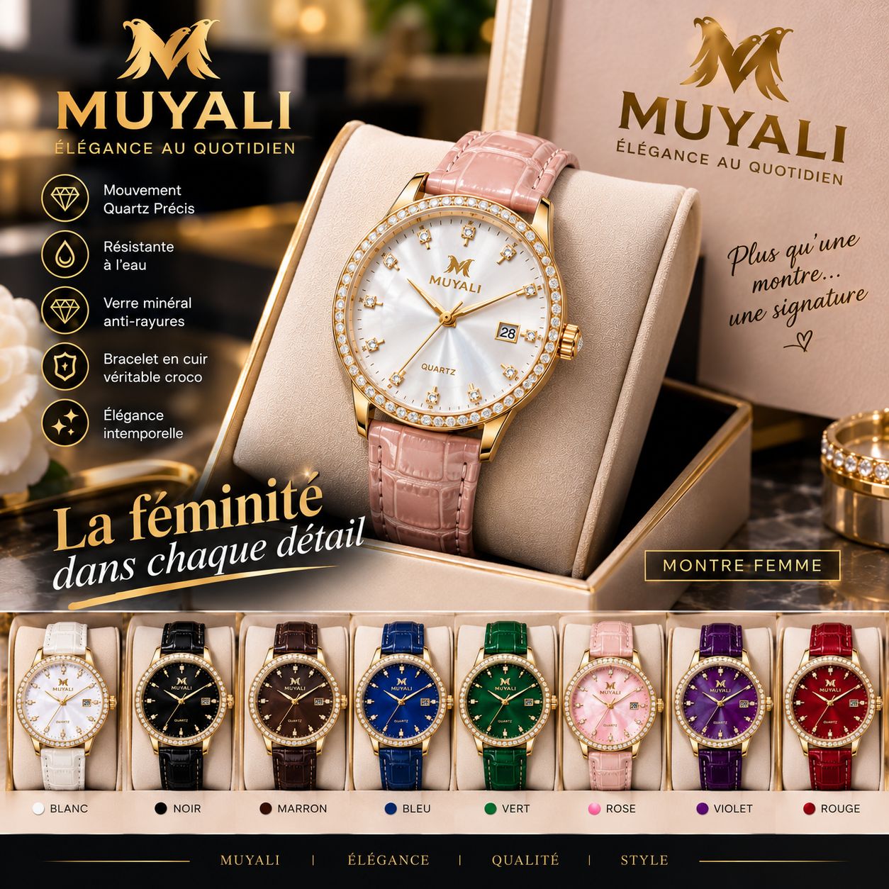 Montre femme cadran strass, bracelet cuir croco rose — déclinaisons blanc, noir, marron, bleu, vert, violet, rouge