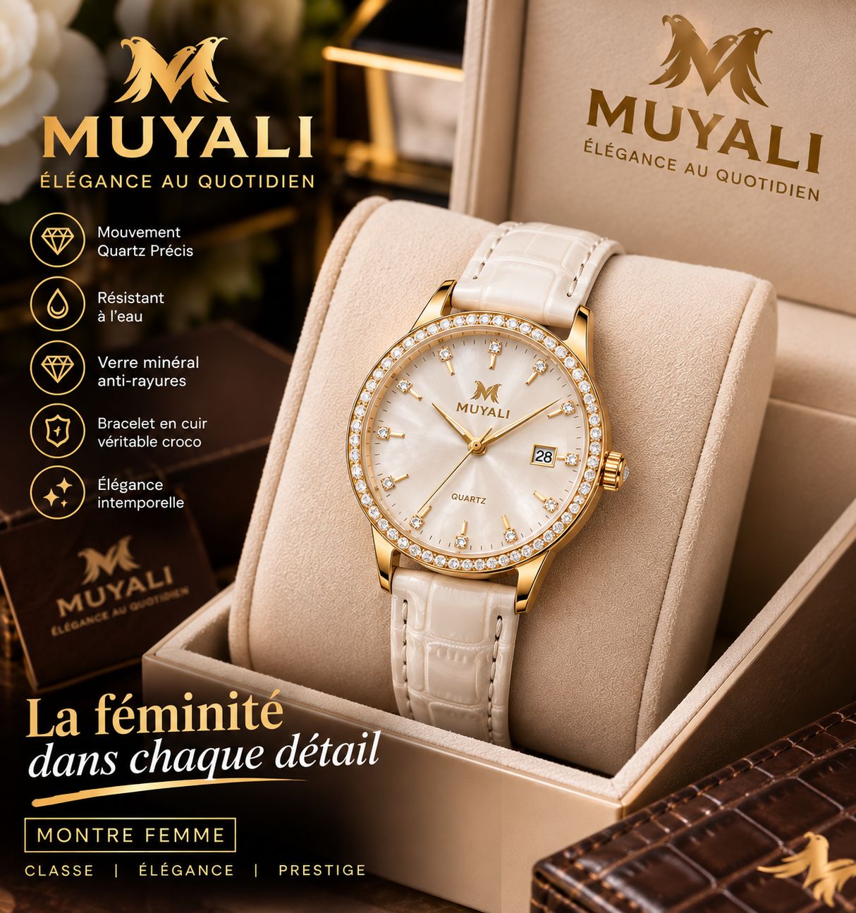 Montre femme luxe cadran nacre strass, boîtier doré, bracelet cuir blanc croco, coffret