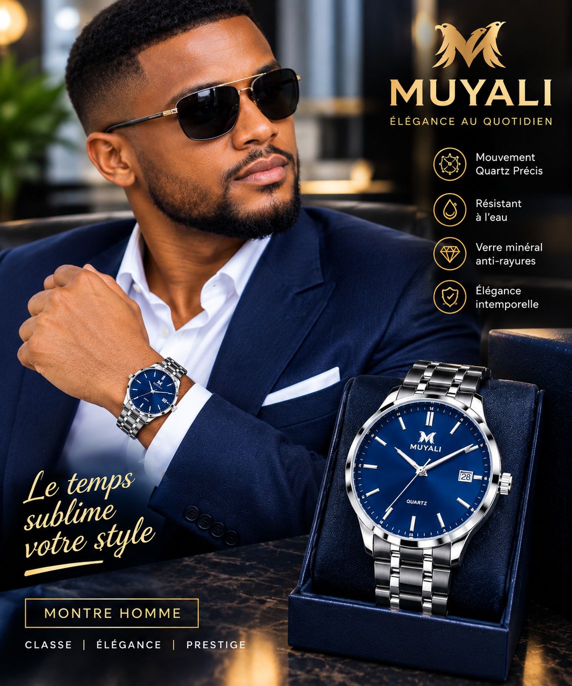 Montre homme argentée cadran bleu nuit, bracelet acier, portée avec costume bleu