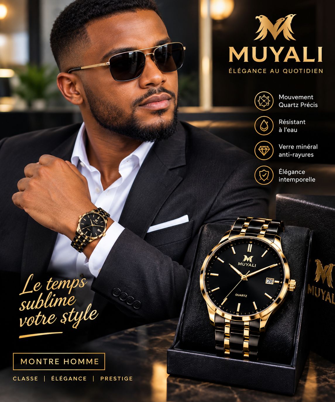 Montre homme bicolore noir et or, bracelet acier, portée avec costume et lunettes, coffret