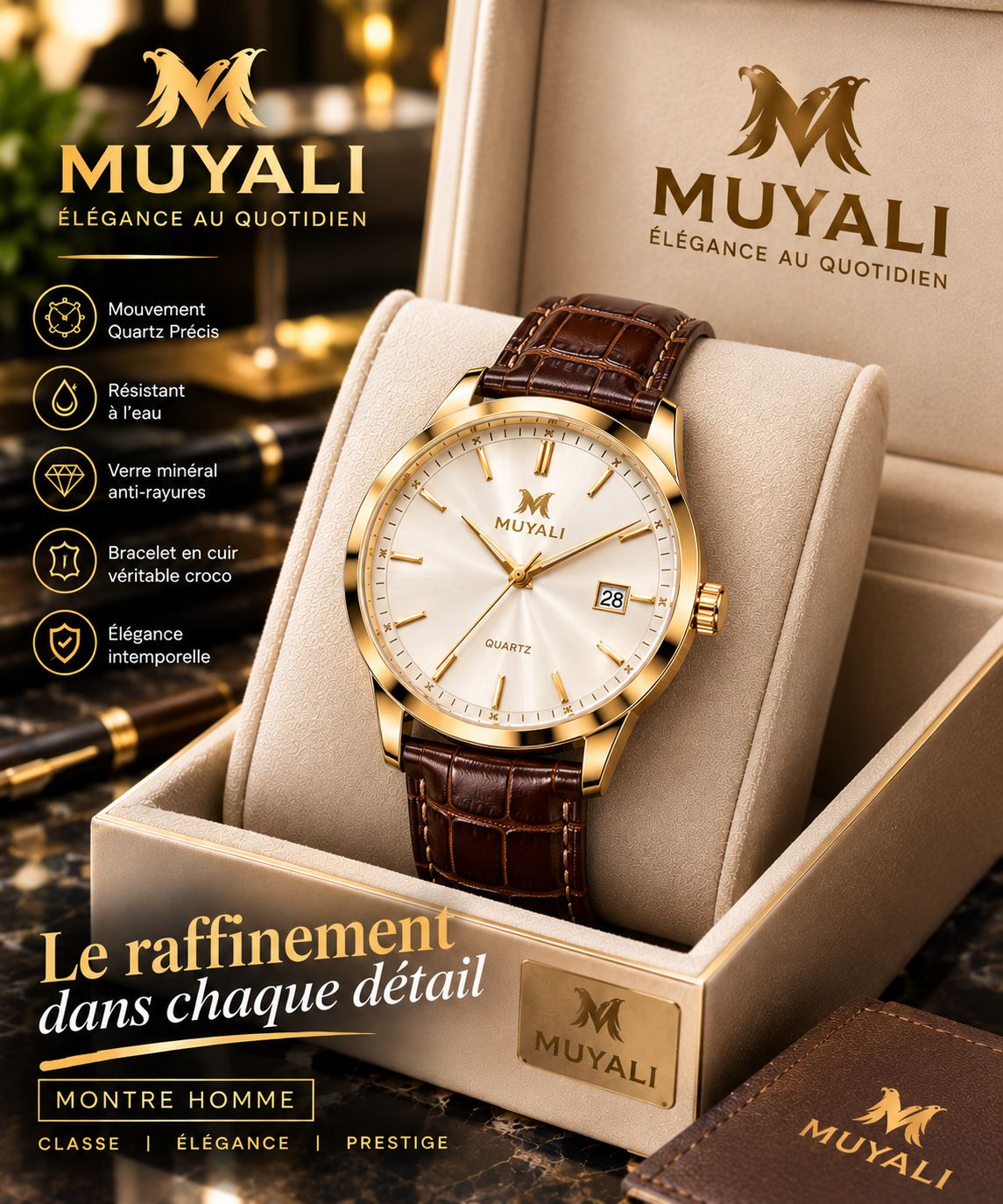 Montre homme cadran beige doré, boîtier doré, bracelet cuir marron croco, coffret