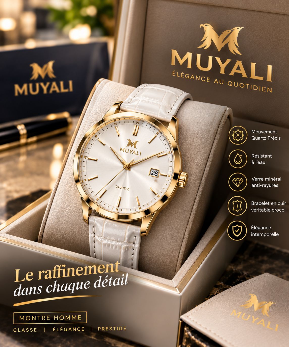 Montre homme cadran blanc, boîtier doré, bracelet cuir blanc croco prestige