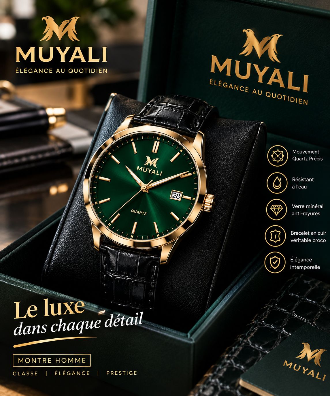 Montre homme cadran vert émeraude, boîtier doré, bracelet cuir noir croco, écrin