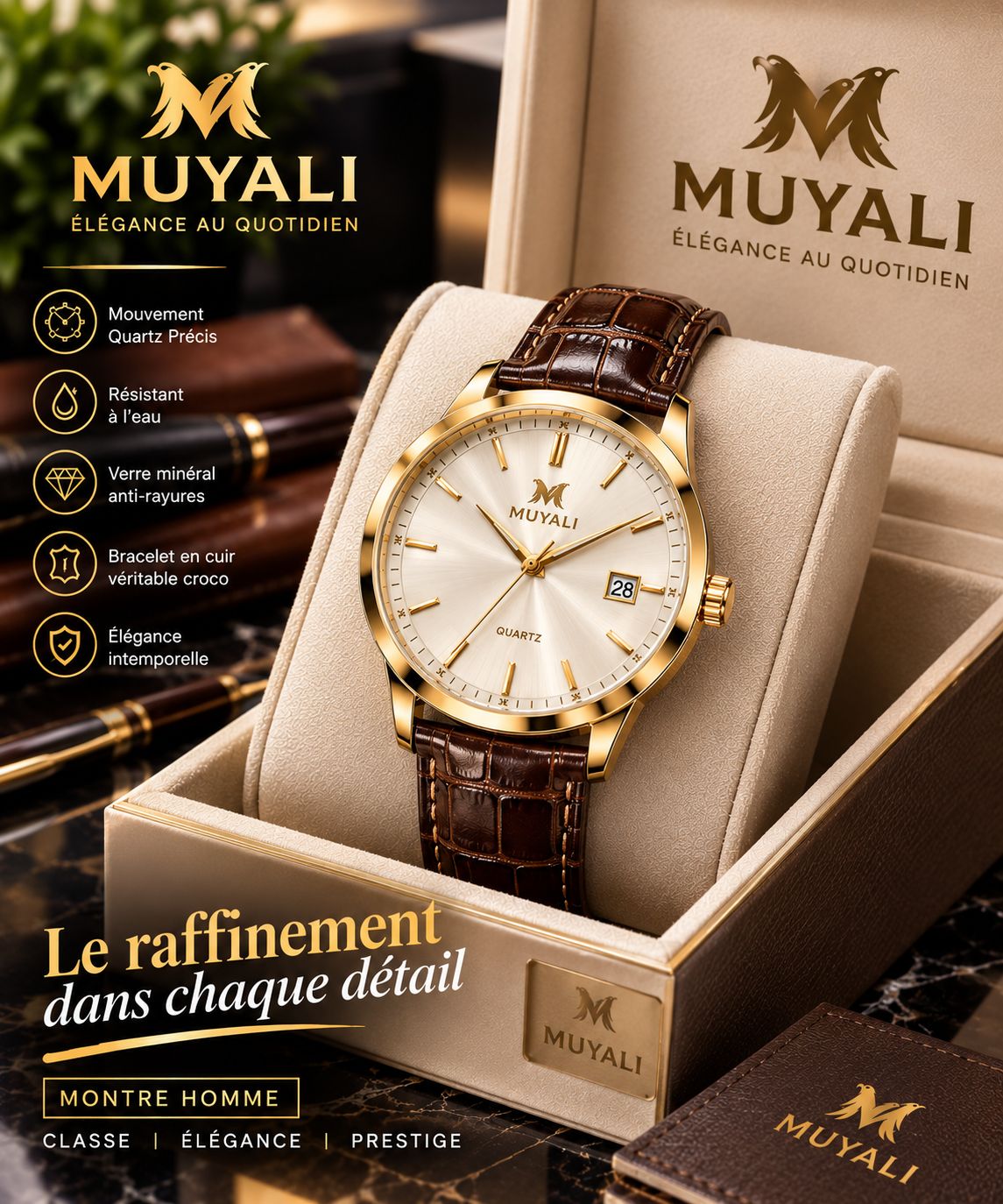 Montre homme luxe cadran champagne, boîtier or, bracelet cuir marron croco