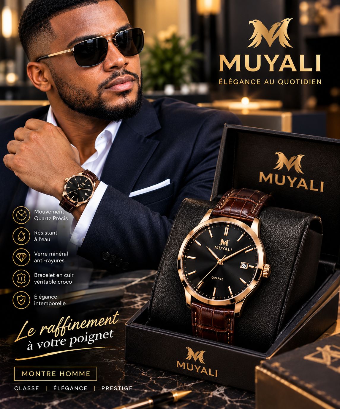 Montre homme prestige boîtier or rose, cadran noir, bracelet cuir croco marron