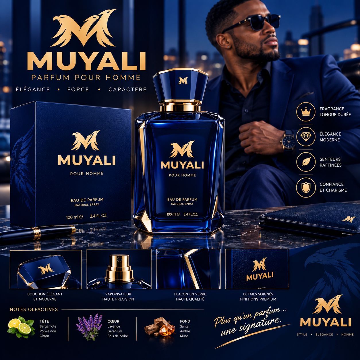 Parfum homme Muyali Style OCEAN — flacon bleu nuit et or 100ml avec coffret et notes olfactives