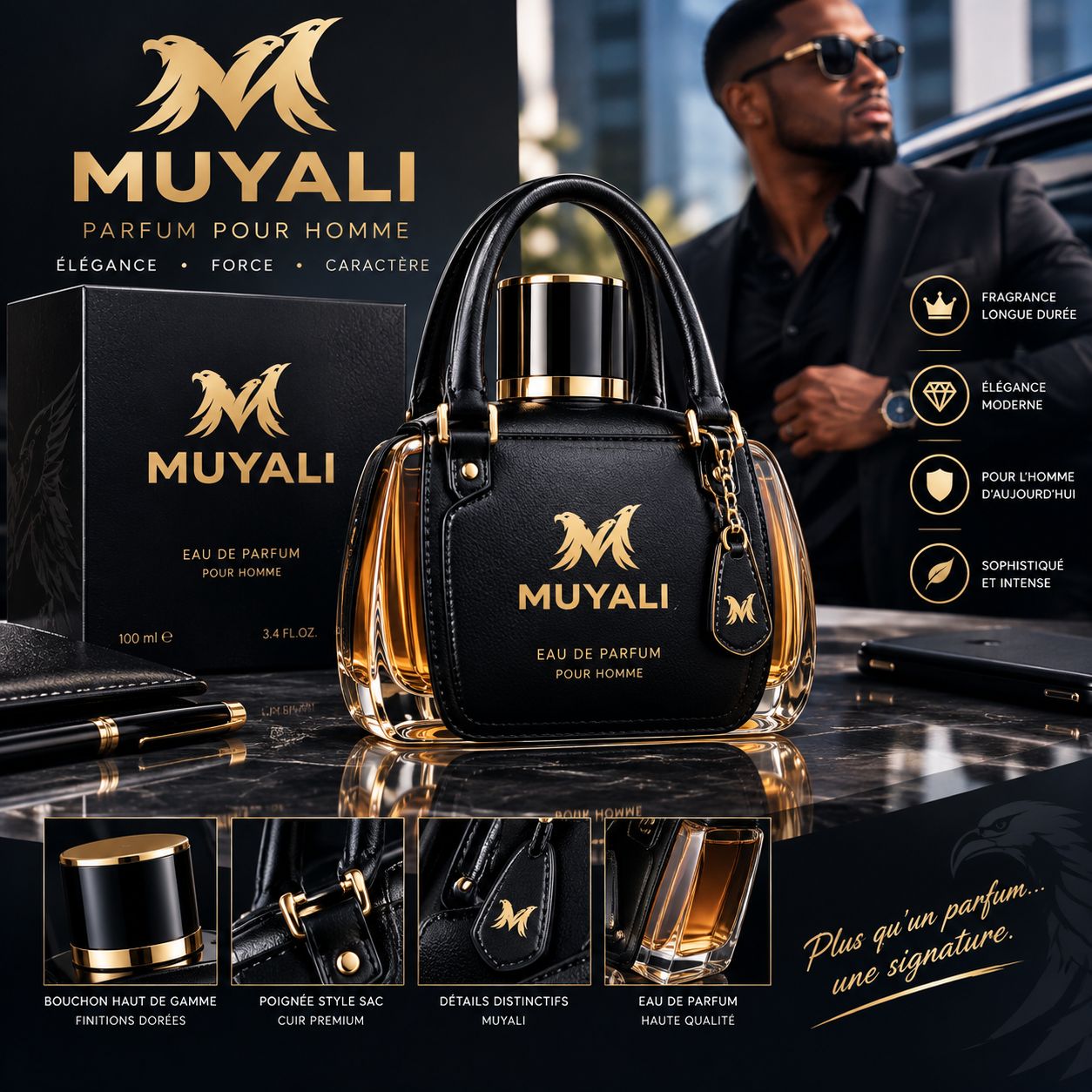 Parfum homme Muyali Style GOLD — flacon design avec sac cuir noir et or, 100ml et coffret