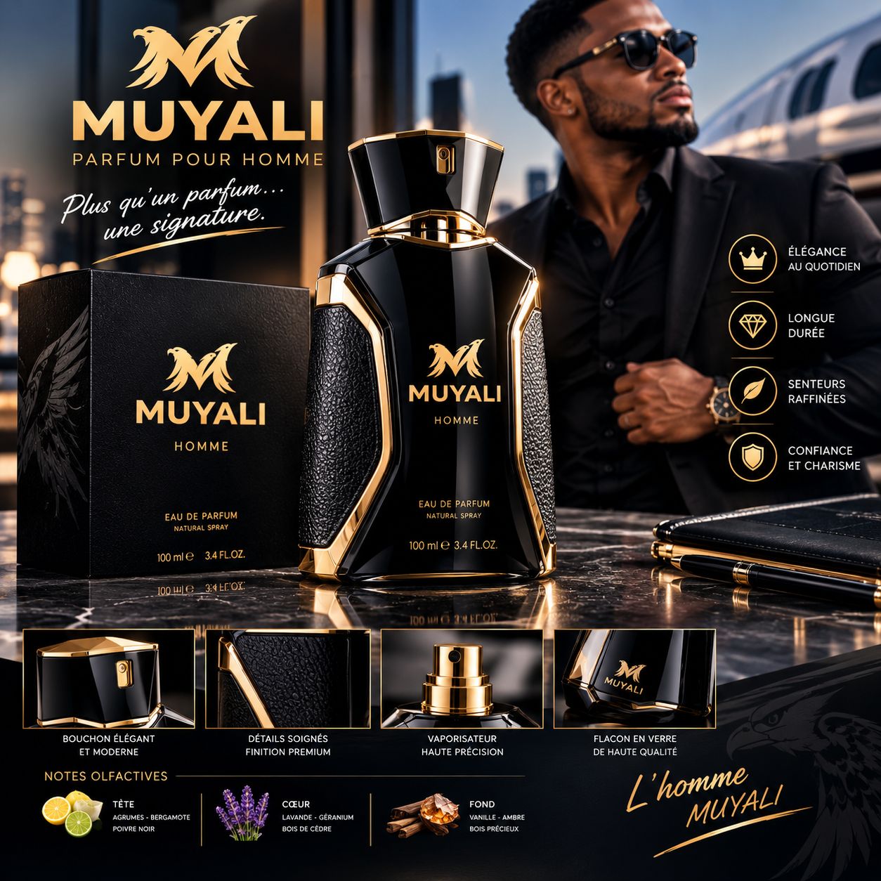 Parfum Homme Flacon Noir Or 100ml Muyali Style Notes Olfactives