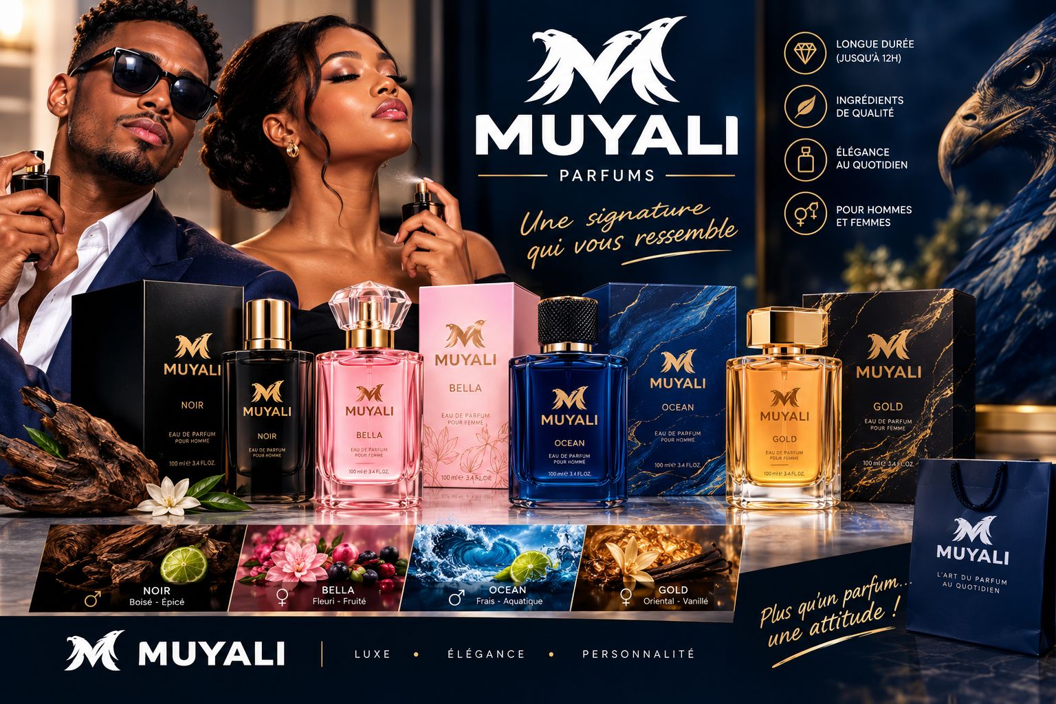 Haute parfumerie Muyali Style — NOIR, BELLA, OCEAN, GOLD en flacons 100ml