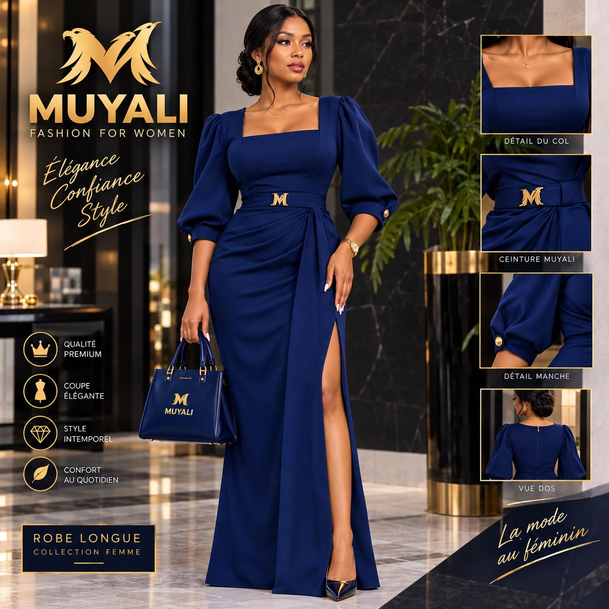 Robe longue de soirée bleu marine, col carré, fente latérale, manches bouffantes