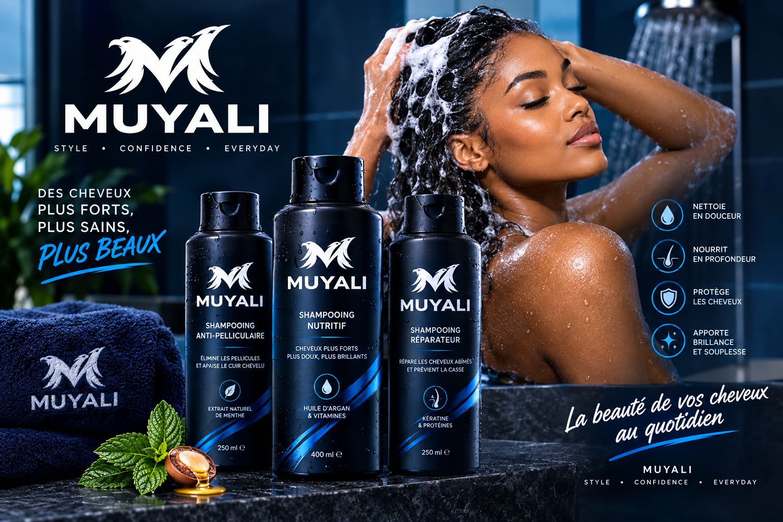 Shampoing et soin capillaire Muyali Style — anti-pelliculaire, nutritif, réparateur