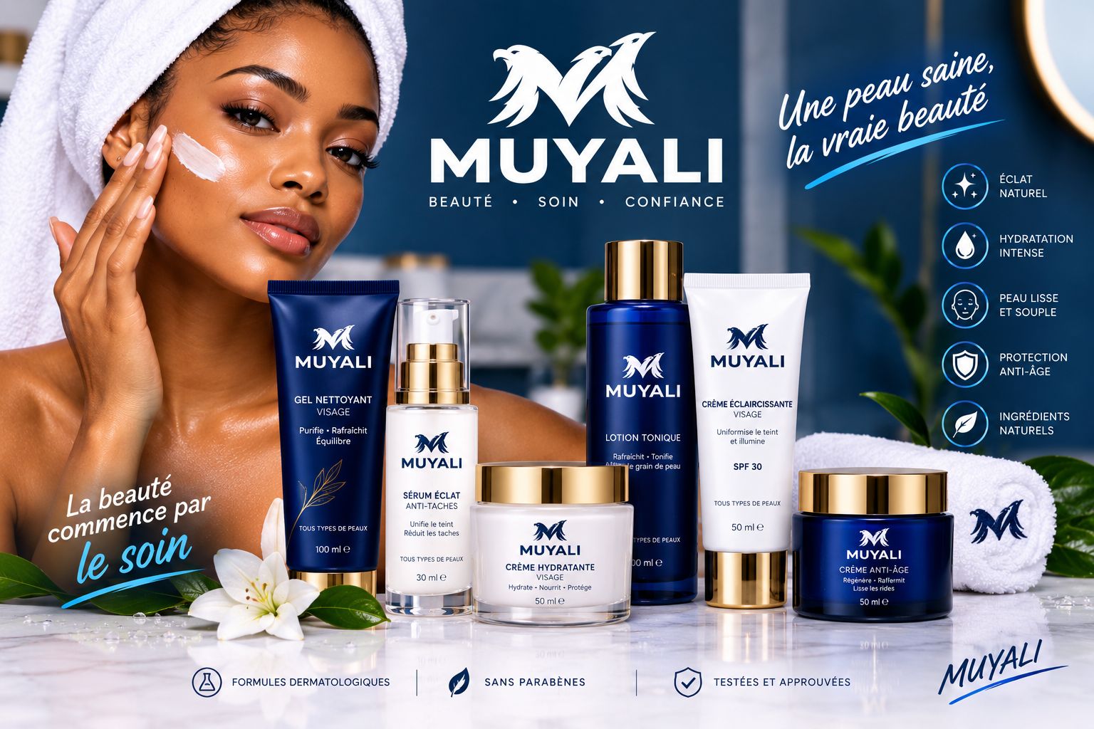 Soins visage Muyali Style — gel nettoyant, sérum anti-taches, crème hydratante, lotion tonique, crème anti-âge