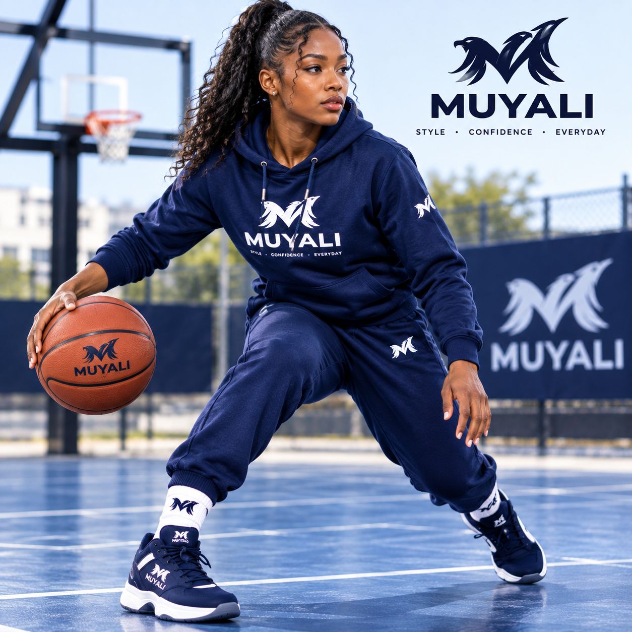 Survêtement sport femme Muyali Style — hoodie et jogging bleu marine, baskets, ballon de basket