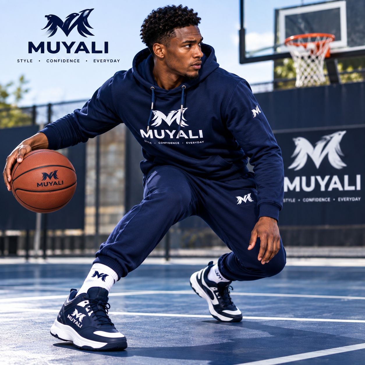 Survêtement sport homme Muyali Style — hoodie bleu marine, baskets, chaussettes, ballon de basket