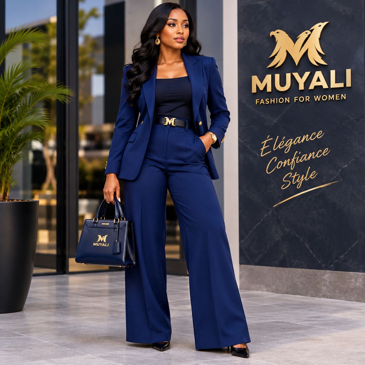 Tailleur femme bleu marine chic — veste et pantalon large avec ceinture dorée