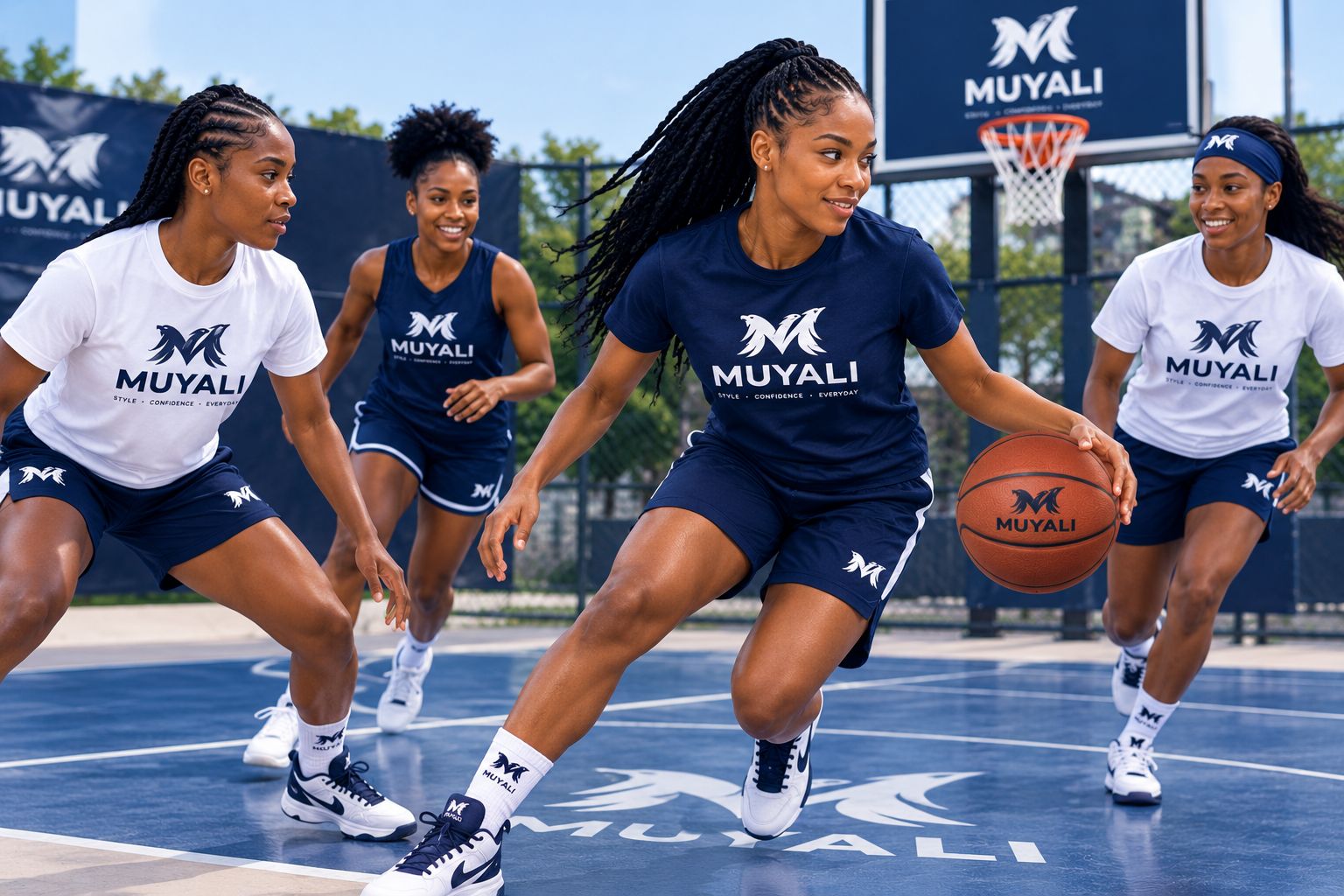 Tenues de sport équipe féminine Muyali Style — maillots, t-shirts, shorts, baskets et ballon